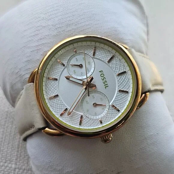 Fossil Women Wristwatch Multifunction Cream Leather Band Gold Tone Case Watch - Picture 2 of 12